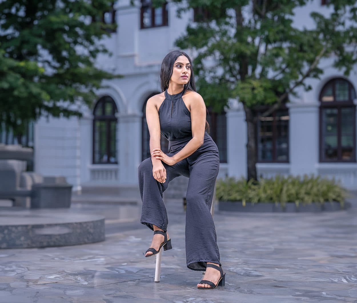 Widescreen fashion photograph of model in studio